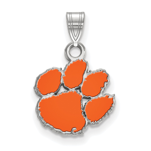 Sterling Silver 1/2in Clemson University Enamel Paw Pendant