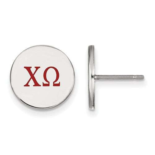 Sterling Silver Chi Omega Disc Earrings with Red Enamel Letters