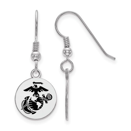 Sterling Silver U.S. Marine Corps Dangle Disc Earrings Black Epoxy