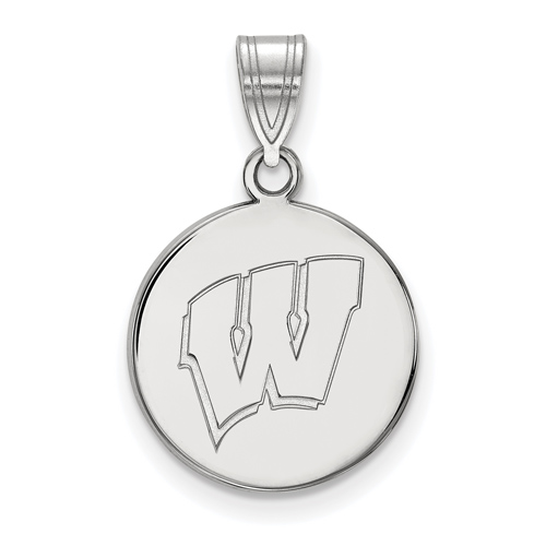 10k White Gold Round University of Wisconsin W Pendant 5/8in
