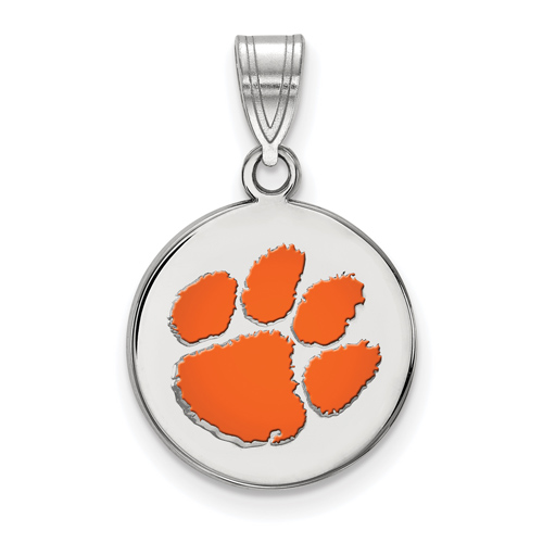 Sterling Silver 5/8in Clemson University Enamel Paw Pendant
