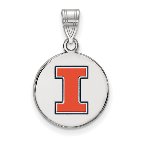 Silver 5/8in University of Illinois Block I Round Enamel Pendant
