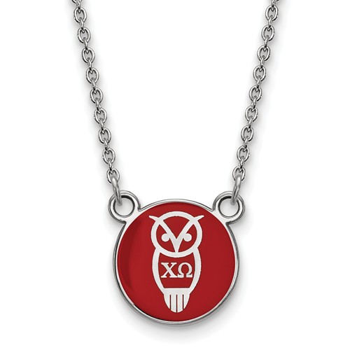 Sterling Silver Small Chi Omega Owl Red Enamel Disc Necklace