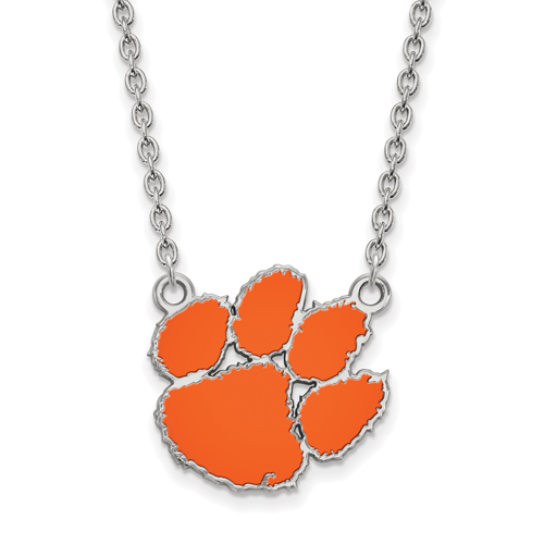 Sterling Silver Clemson University Enamel Paw Pendant with 18in Chain
