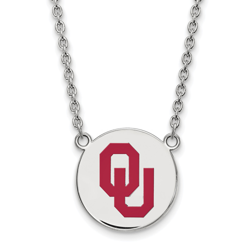 Silver University of Oklahoma OU Enamel Disc Pendant with 18in Chain