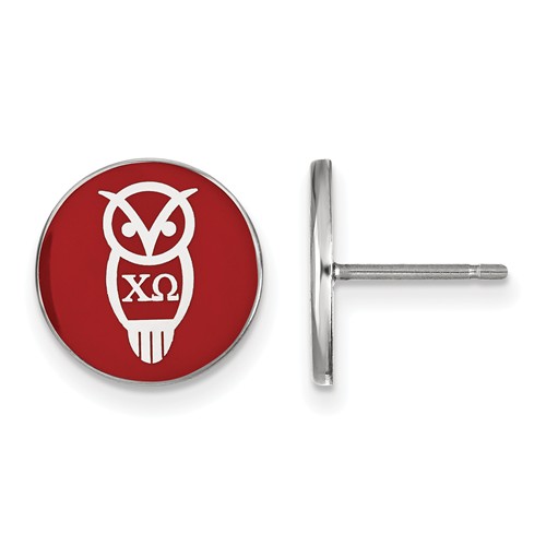 Sterling Silver Chi Omega Owl Red Enamel Disc Earrings