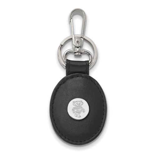 Silver University of Wisconsin Badger Black Leather Oval Key Chain