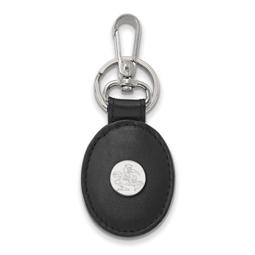 Sterling Silver University of Miami Ibis Black Leather Oval Key Chain