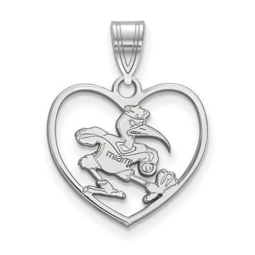 Sterling Silver 5/8in University of Miami Ibis Pendant in Heart