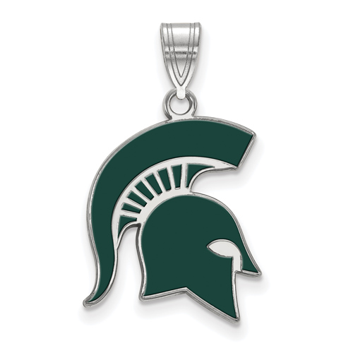 Sterling Silver 3/4in Michigan State Spartan Helmet Enamel Pendant