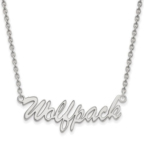 Silver North Carolina State Wolfpack Script Pendant with 18in Chain
