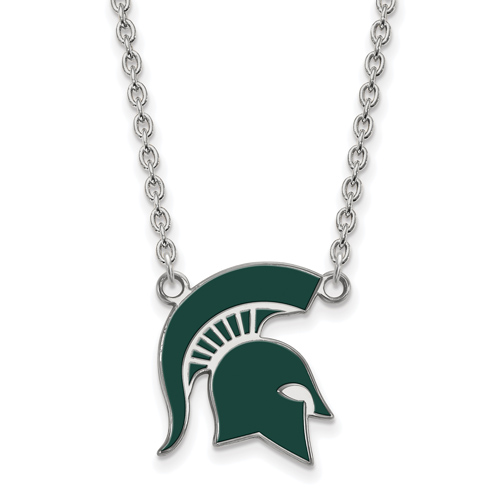 Silver Michigan State Spartan Helmet Enamel Pendant with 18in Chain