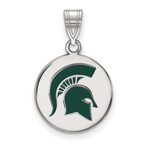 Silver 5/8in Michigan State Spartan Helmet Enamel Disc Pendant