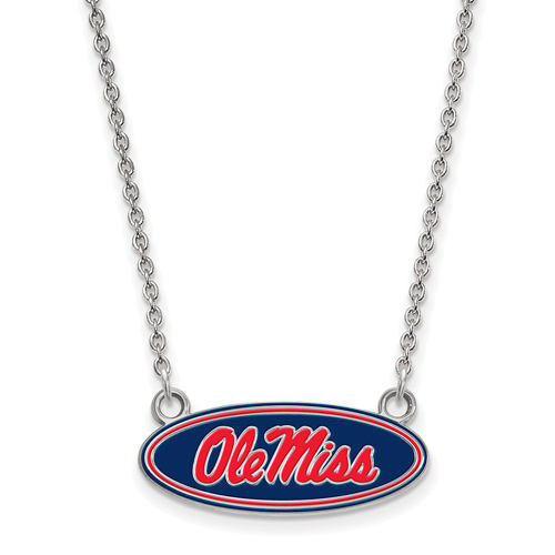 Sterling Silver Small Ole Miss Oval Enamel Pendant with 18in Chain