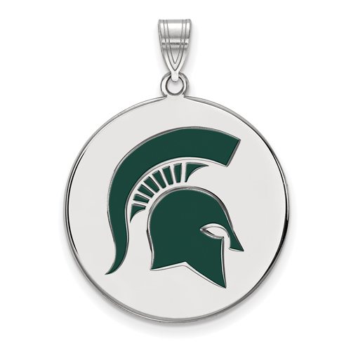 Sterling Silver 1in Michigan State Spartan Helmet Enamel Round Pendant