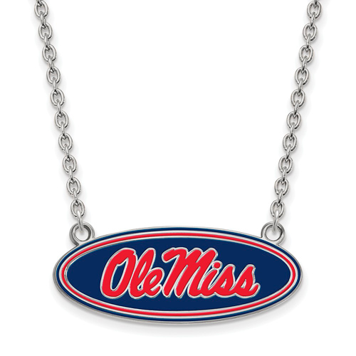 Sterling Silver Ole Miss Oval Enamel Pendant with 18in Chain