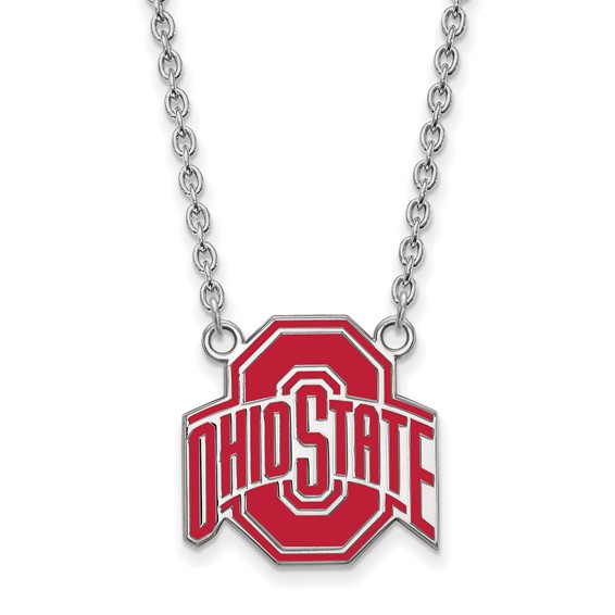 Silver 3/4in Ohio State University Enamel Pendant with 18in Chain