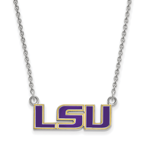 Sterling Silver 3/8in LSU Enamel Pendant with 18in Chain