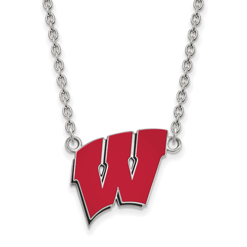 Silver University of Wisconsin W Red Enamel Pendant with 18in Chain