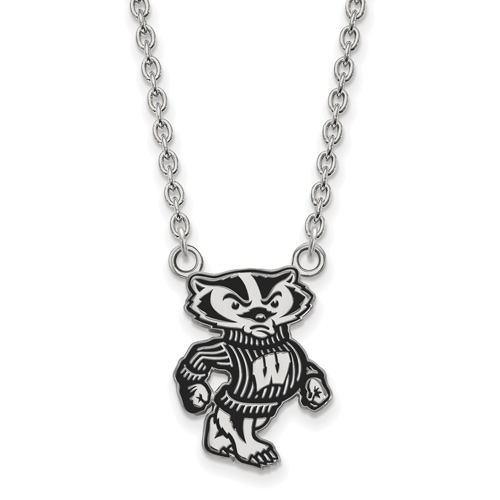 Silver University of Wisconsin Badger Enamel Pendant with 18in Chain