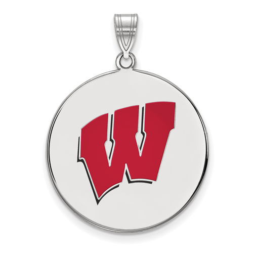 Sterling Silver 1in University of Wisconsin W Round Enamel Pendant