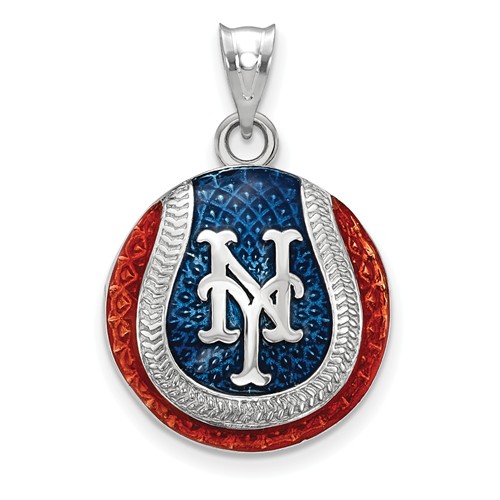 Sterling Silver New York Mets Enameled Baseball Pendant 3/4in