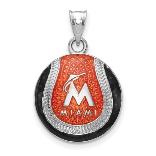 Sterling Silver Miami Marlins Enameled Baseball Pendant 3/4in