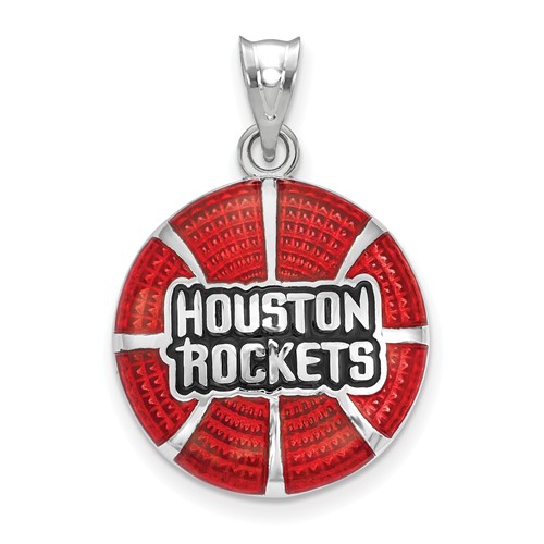 Sterling Silver 3/4in Houston Rockets Enamel Basketball Pendant