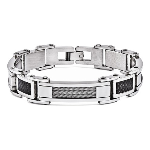 Stainless Steel 8 1/2in Bracelet with Carbon Fiber and Cable Links