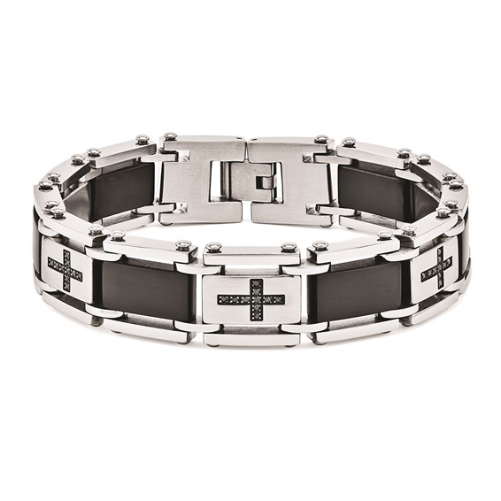 Stainless Steel 8 1/2in Bracelet with Black Diamond Crosses