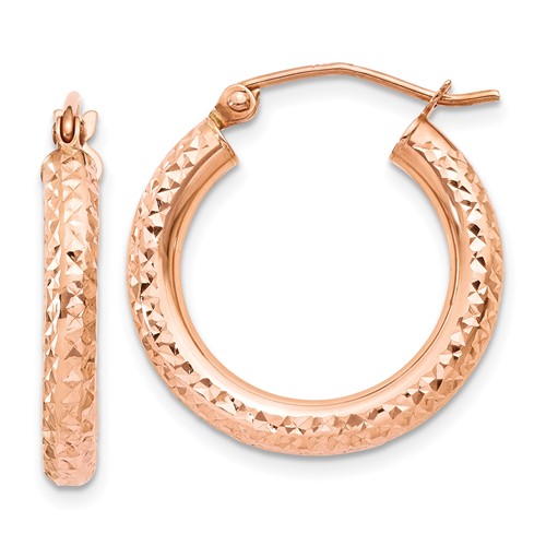 14k Rose Gold 3/4in Diamond-cut Hoop Earrings 3mm Thick