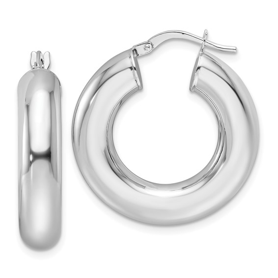 14k White Gold Round Puffed Hoop Earrings 1in