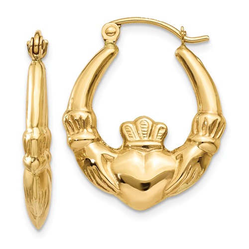 14kt Yellow Gold 3/4in Claddagh Hoop Earrings - Irish Love Loyalty Friendship