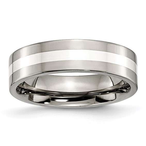  Titanium 6mm Flat Sterling Silver Inlay Wedding Band