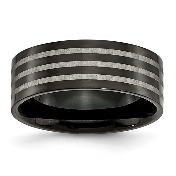 Black Plated Titanium 8mm Ring with Gray Lines