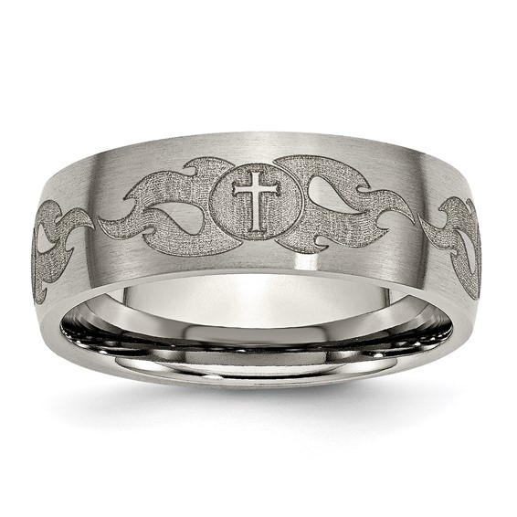 Titanium 8mm Domed Cross and Flames Wedding Band