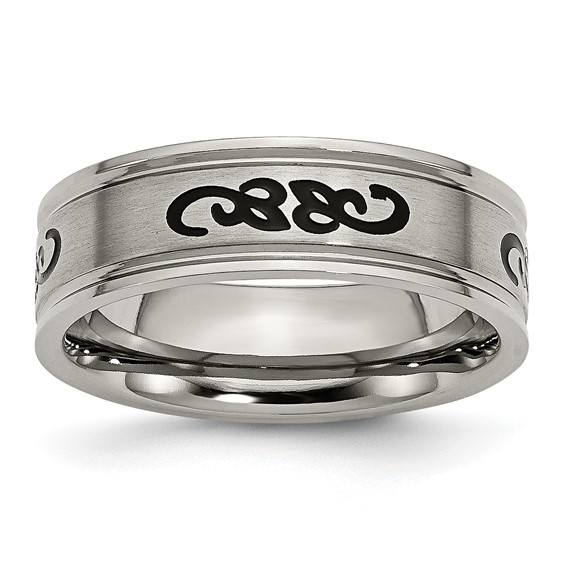 Titanium 7mm Ring with Black Rubber Scroll Design and Ridged Edges