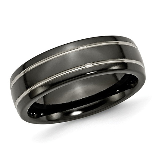 Black Titanium 7mm Ring with Grey Grooves 