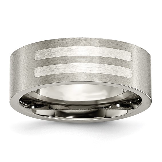 Titanium 8mm Sterling Silver Inlays Flat Brushed Wedding Band