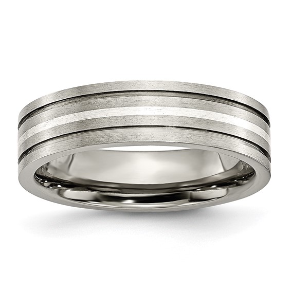 Titanium 6mm Sterling Silver Inlay Grooved Brushed Flat Wedding Band