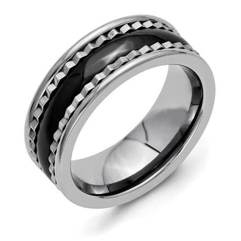 8mm Titanium Black Ceramic Ring with Sawtooth Accent