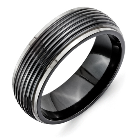 8mm Black Titanium Grooved Ring with Gray Edges