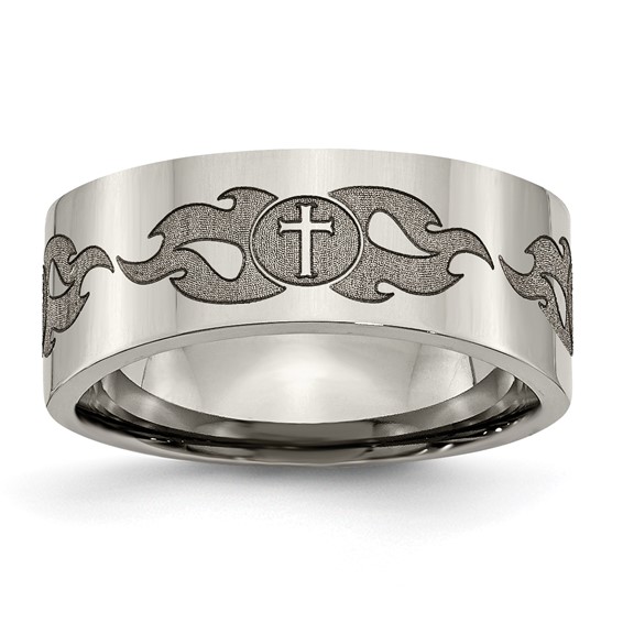 Titanium 8mm Flat Polished Cross Design Band with Flames