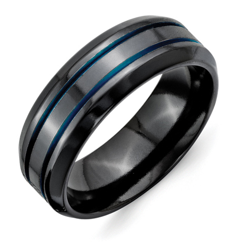 Black Titanium 8mm Beveled Ring with Blue Grooves