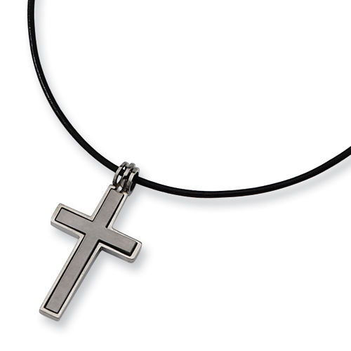 Titanium 1 1/2in Cross on 18in Leather Cord Necklace