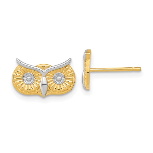 14k Yellow Gold Owl Face Post Earrings with Rhodium