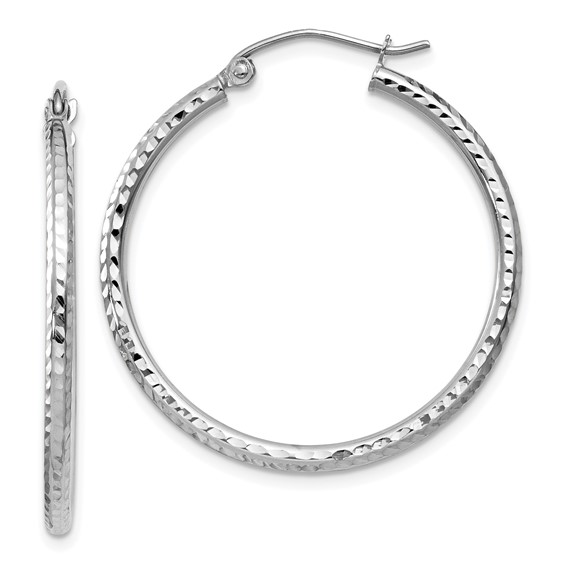 14kt White Gold 1in Diamond-cut Round Hoop Earrings