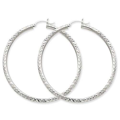 14kt White Gold 2in Hollow Diamond-cut Hoop Earrings 3mm