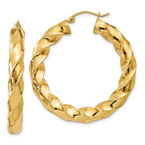 14k Yellow Gold Polished Twisted Hoop Earrings 1.5in