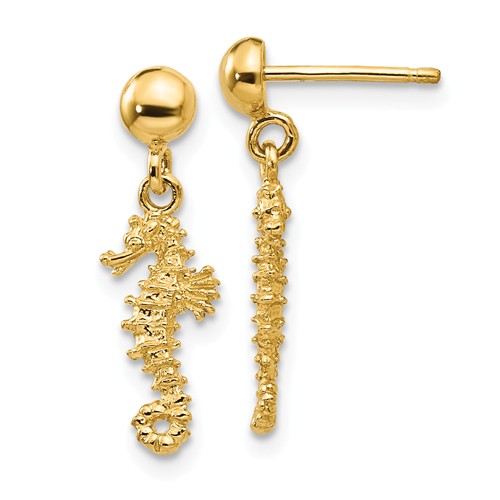 14k Yellow Gold 3-D Mini Seahorse Dangle Post Earrings